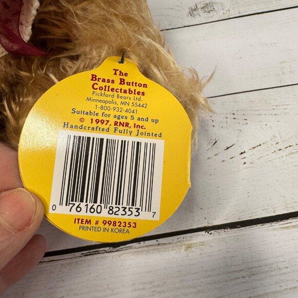 Rosie Bear Brass Button Collectables 10" Plush Bear Glass Hat Tags Vtg - Picture 7 of 10